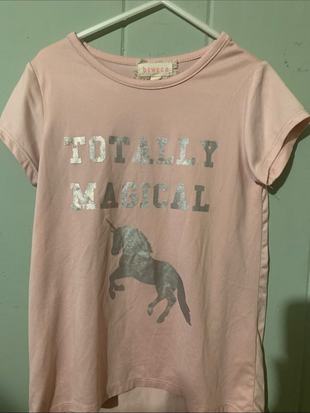 btween Pink Short-Sleeve Tee with Silver Unicorn Graphic